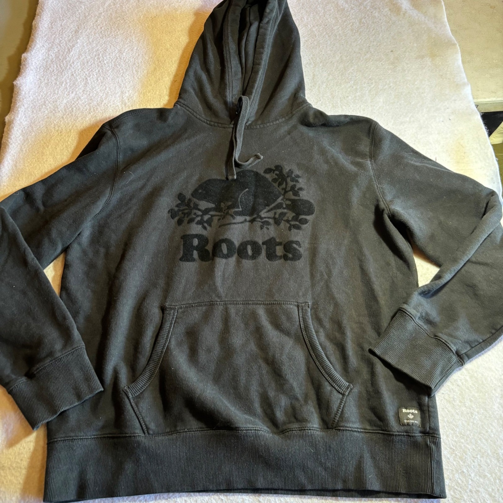 Roots Mens Hoodie Sweatshirt Black Beaver Logo Pullover Xl